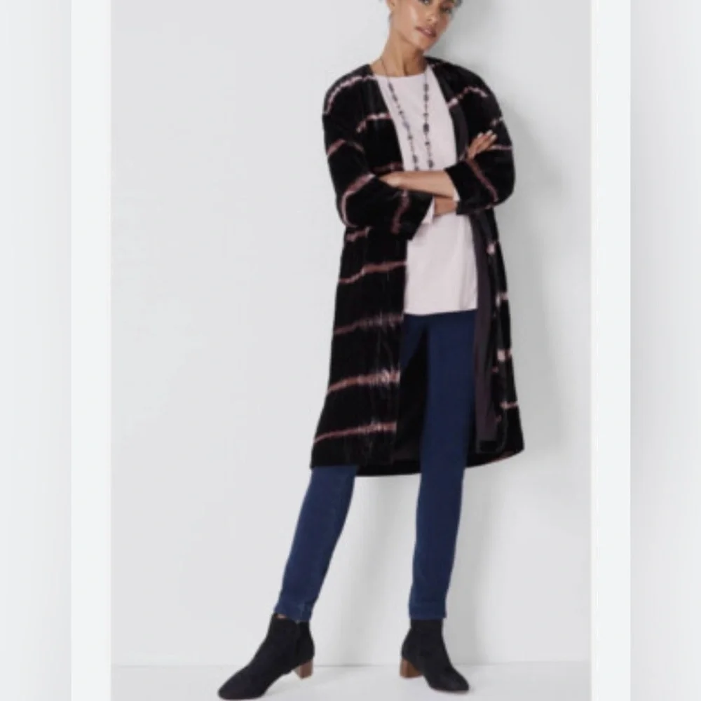 Pure‎ Jill J Jill Long Cardigan Duster Womens Medium Velvet Open Striped Pockets